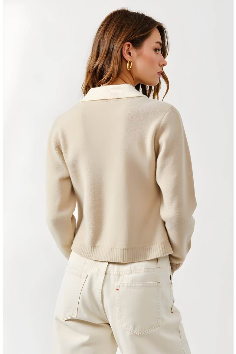 Cropped Knit Cardigan with Contrast Collar and Button Front, Alternate, color, Beige / Off-White