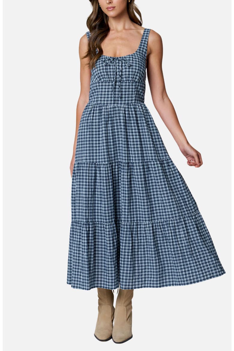 Plaid Sleeveless Tiered Midi Dress, Alternate, color, NAVY