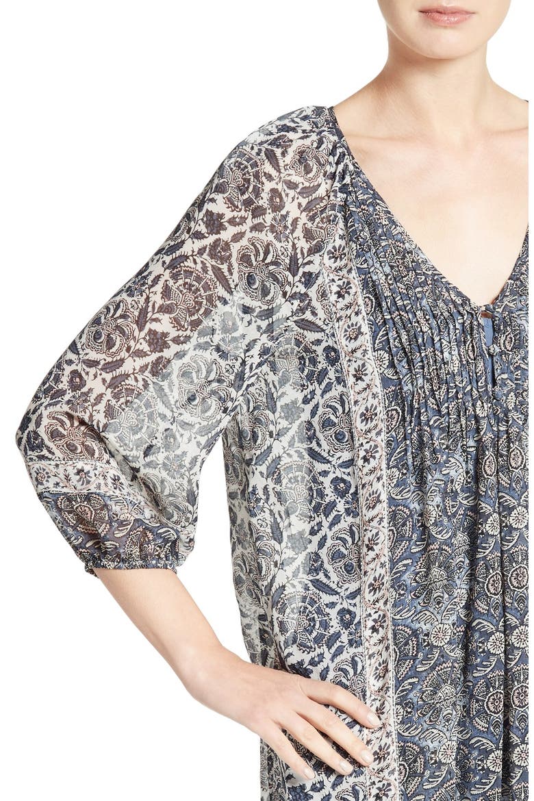 'Foxley' Floral Print Silk Peasant Dress, Alternate, color, DUSTY INDIGO