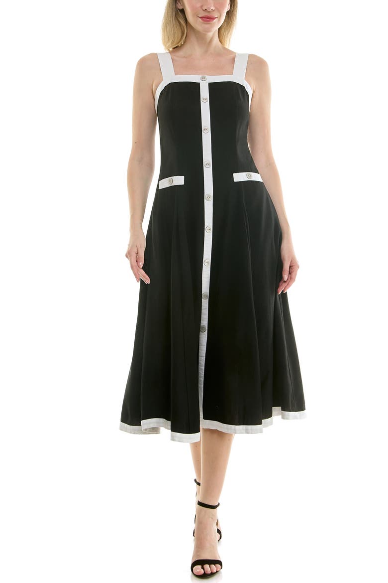 Square Neck Fit & Flare Midi Dress, Alternate, color, BLACK / IVORY