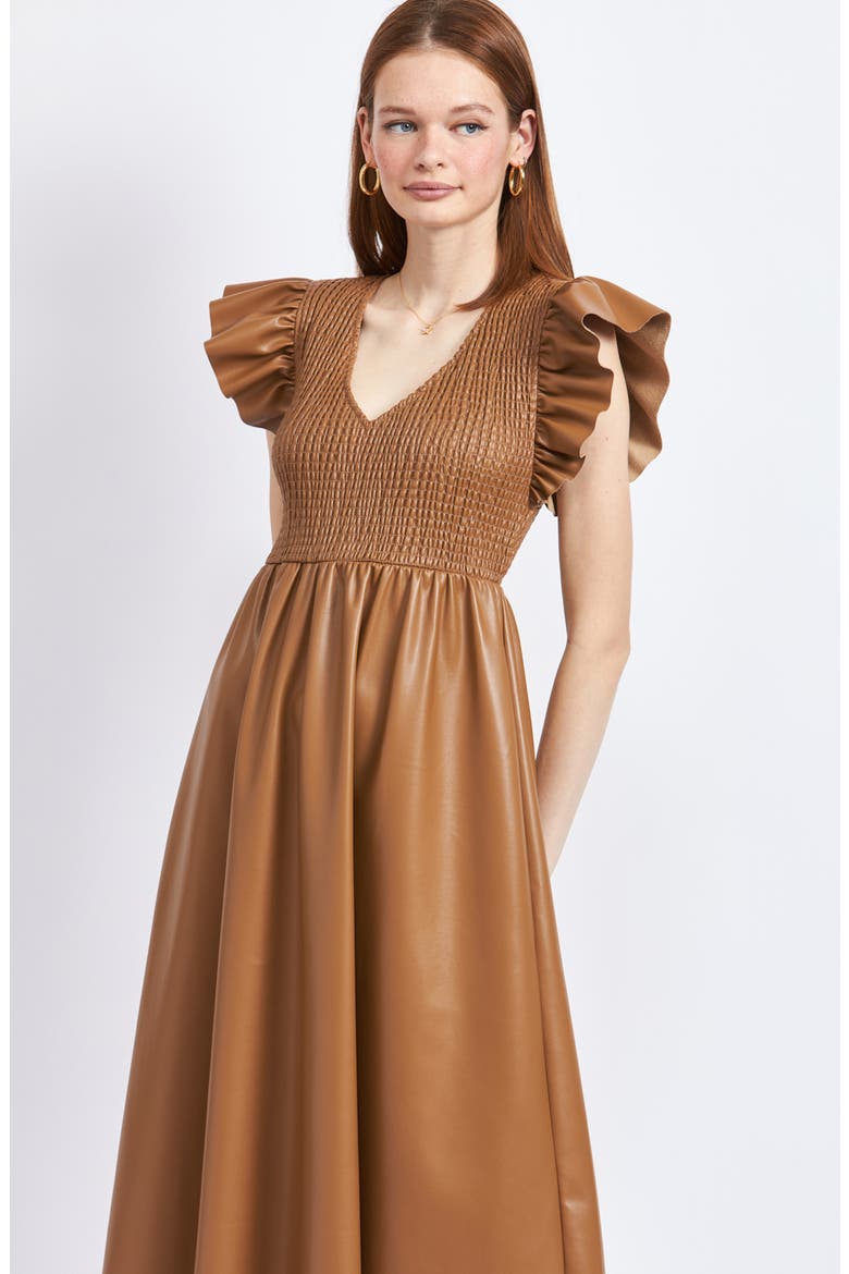 Rylee Smocked Faux Leather Midi Dress, Alternate, color, BROWN