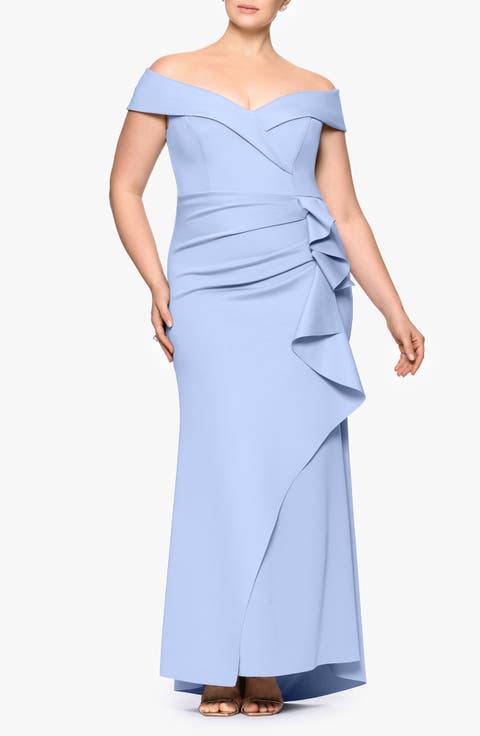 Off the Shoulder Ruffle Scuba Knit Gown (Plus Size)