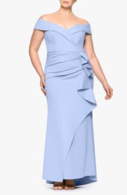 Xscape Evenings Off the Shoulder Ruffle Scuba Knit Gown