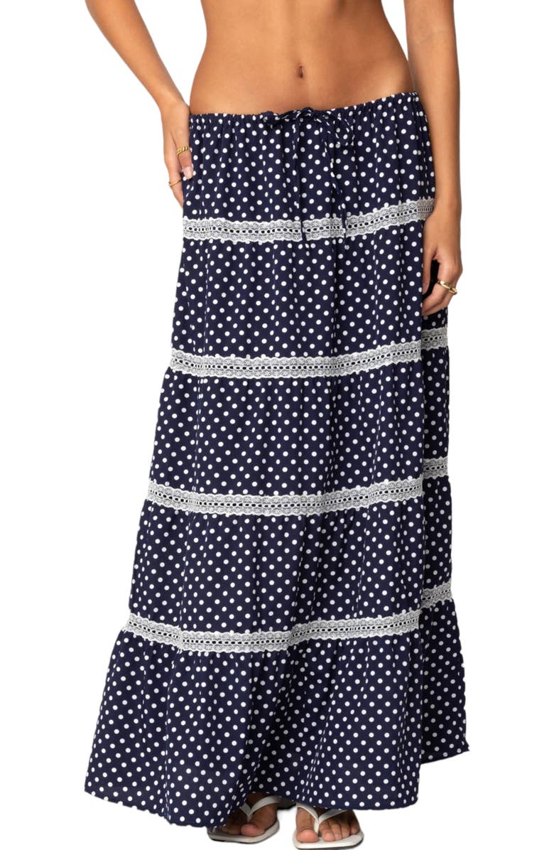 EDIKTED Polka Dot Tiered Maxi Skirt, Main, color, Navy