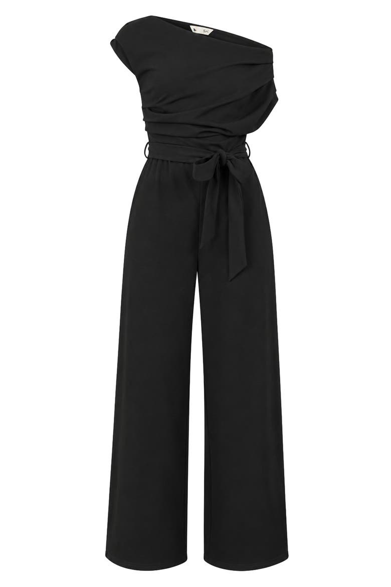 Asymmetric Ruched Stretch Jumpsuit, Alternate, color, Black