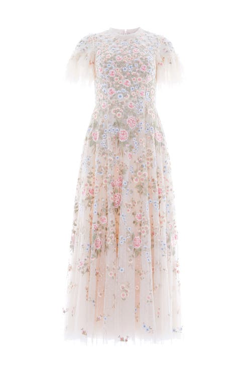Needle & Thread Antoinettes Floral Round Neck Midi Gown In White