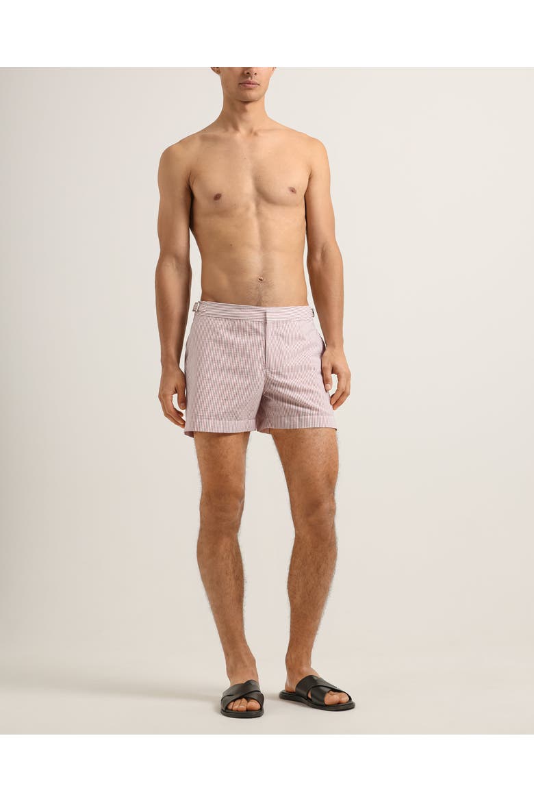 Setter Seersucker Stripe Shorter-Length Tailored-Fit Swim Shorts, Alternate, color, Vermillion/White Stripe