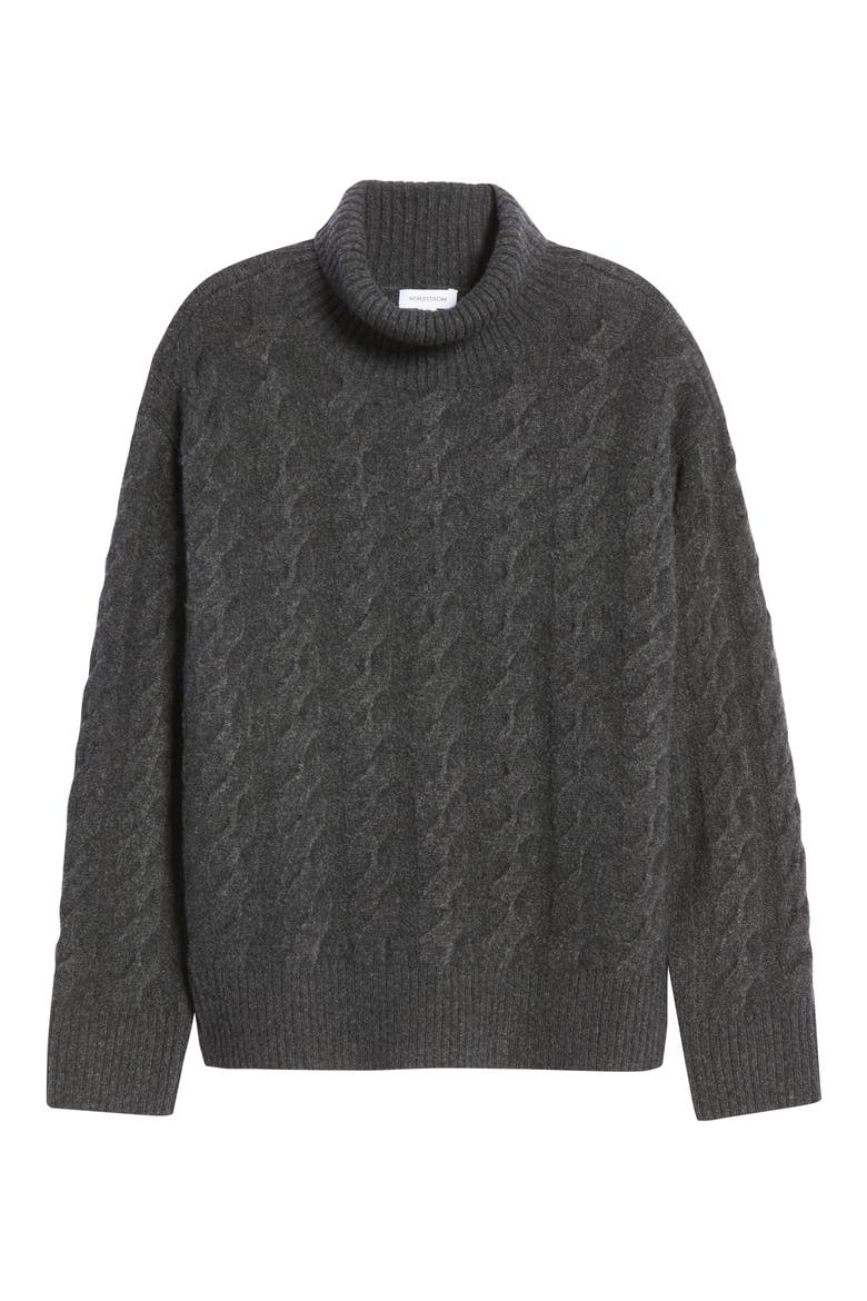 Cable Turtleneck Sweater, Alternate, color, GREY DARK CHARCOAL HEATHER