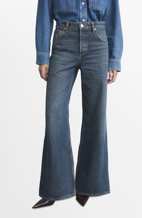 Mid Rise Button Fly Wide Leg Jeans (Open Blue)