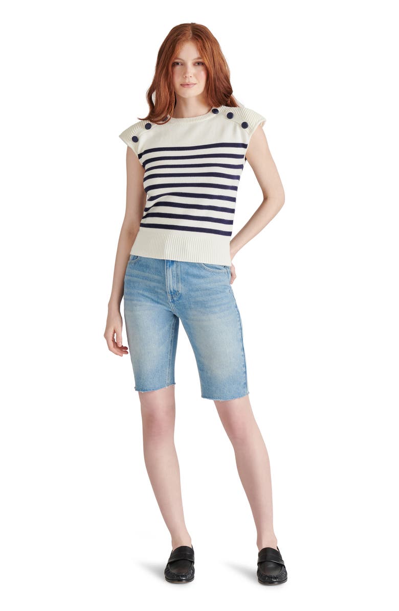 Steve Madden Tomas Stripe Button Shoulder Cap Sleeve Sweater, Alternate, color,