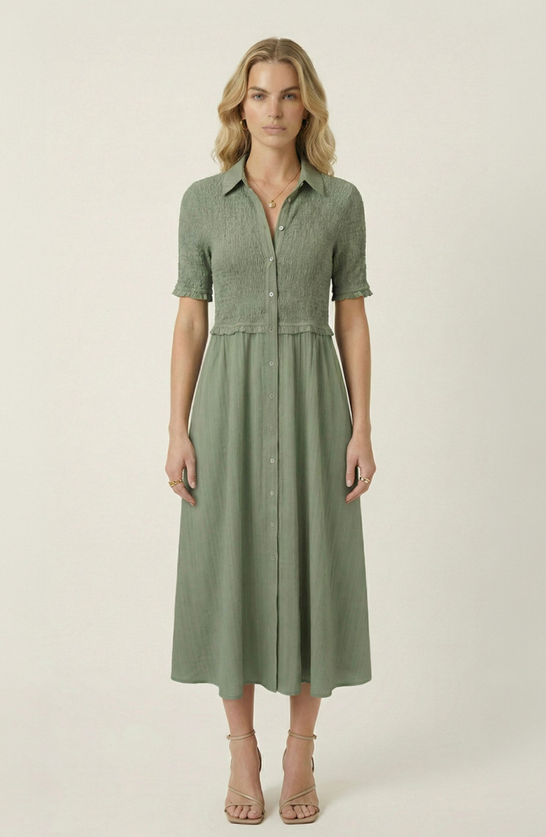 Modenaire Smocked Button Front Midi Dress, Main, color, Sage Green