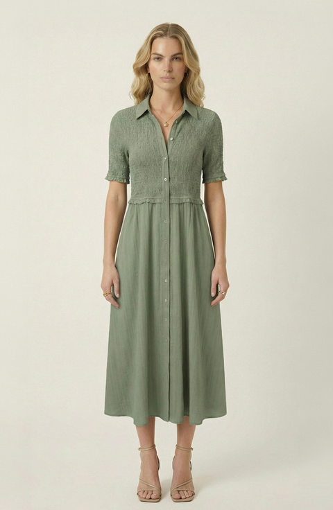 Smocked Button Front Midi Dress