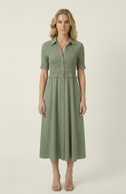 Modenaire Smocked Button Front Midi Dress