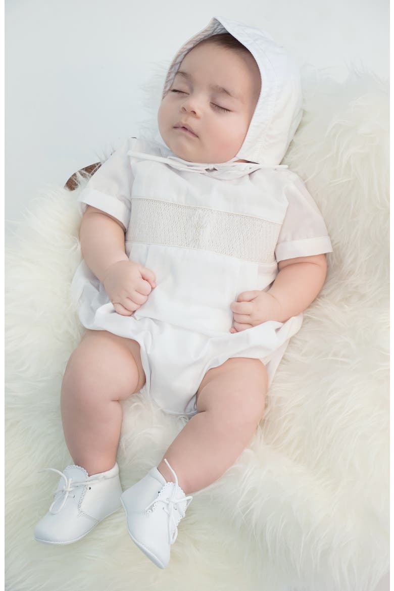 Smocked Christening Bodysuit & Bonnet Set, Alternate, color, WHITE