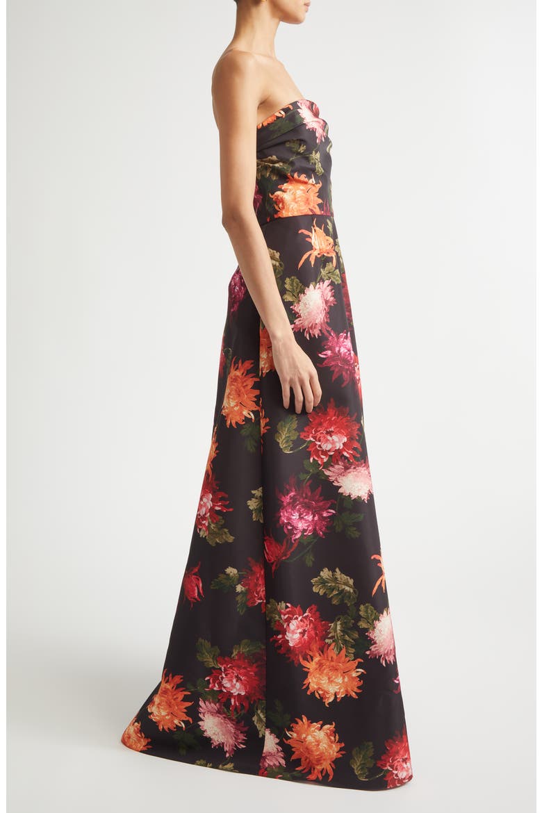 Chrysanthemum Print Strapless Faille Gown, Alternate, color, BLACK MULTI