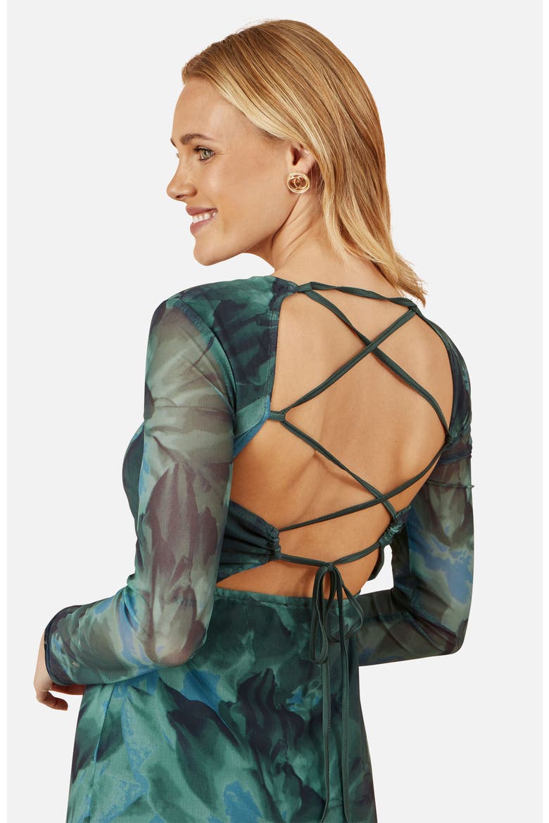 Floral Mesh With Tie Back Bodycon Dress, Alternate, color, Green