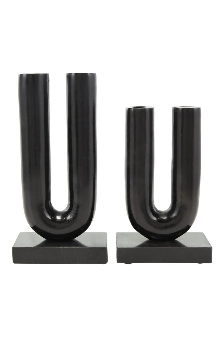 Set of 2 Aluminum Metal Candleholders, Alternate, color, BLACK