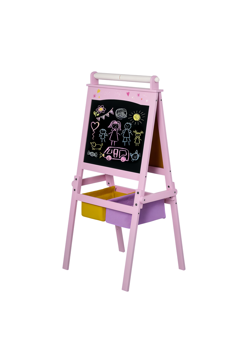 Qaba 3-in-1 Kids Wooden Art Easel, Paper Roll, Double-Sided Chalkboard & Whiteboard, Storage, Main, color, Pink