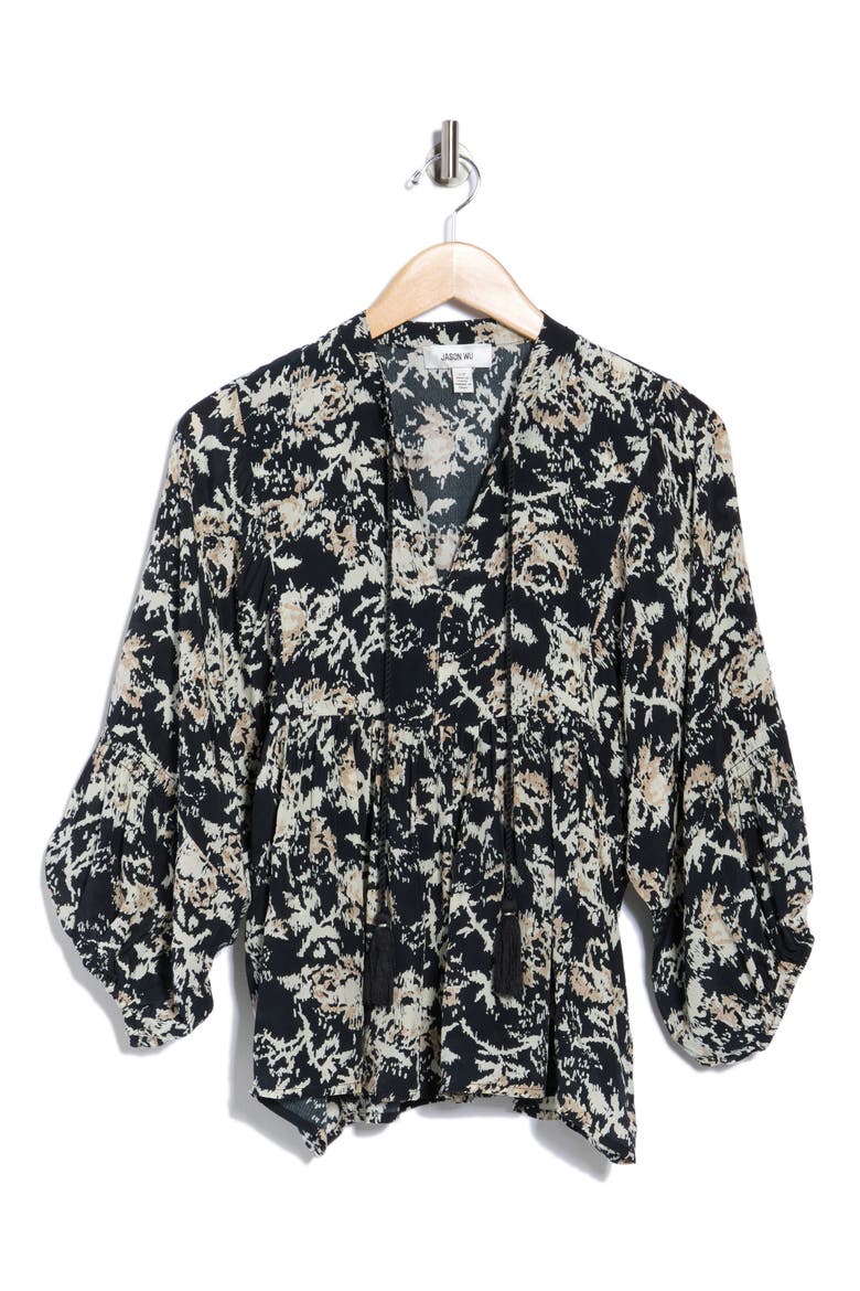 Printed Tie-Neck Top, Alternate, color, BEIGE/ BLACK STATIC FLORAL