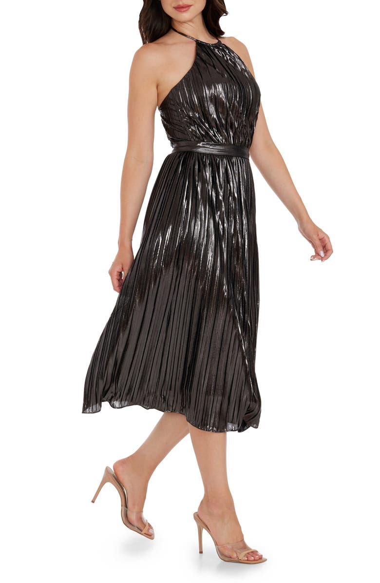 Dress the Population Hannah Pleated Metallic Halter Dress, Alternate, color,