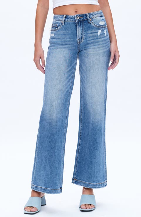 High Waist Distressed Wide Leg Jeans (Medium Blue)