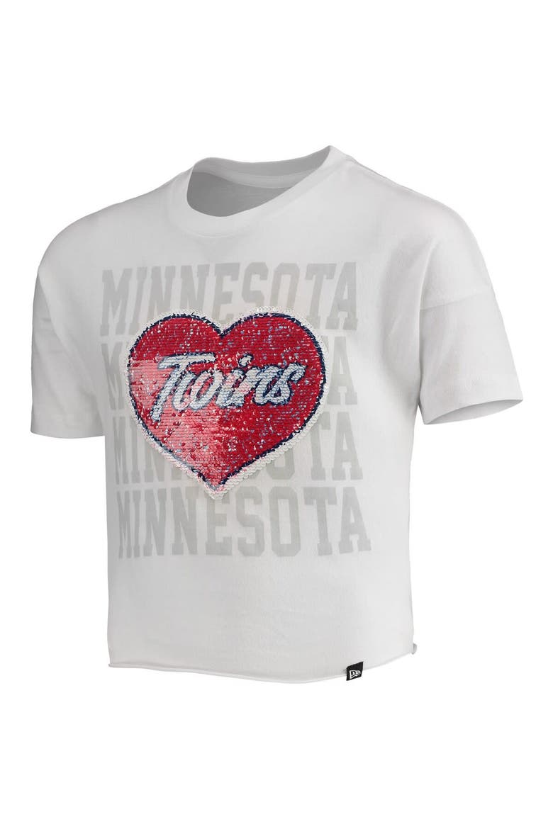 Girls Youth New Era White Minnesota Twins Flip Sequin Heart Crop Top, Alternate, color, White