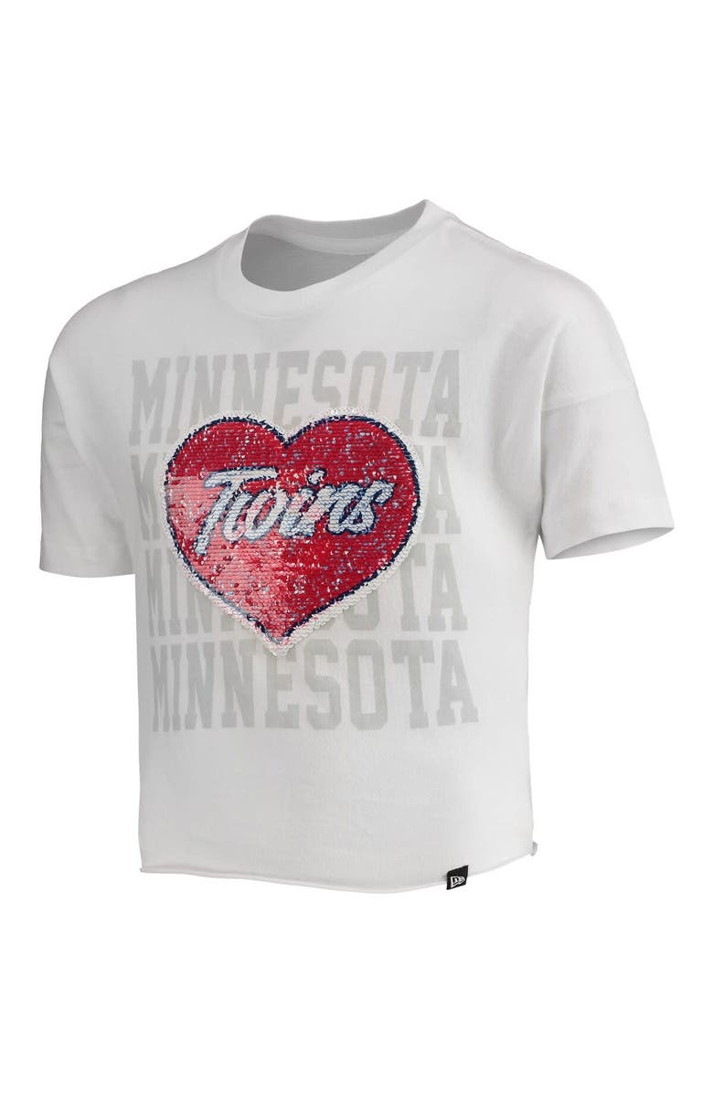 New Era Girls Youth New Era White Minnesota Twins Flip Sequin Heart Crop Top, Alternate, color,