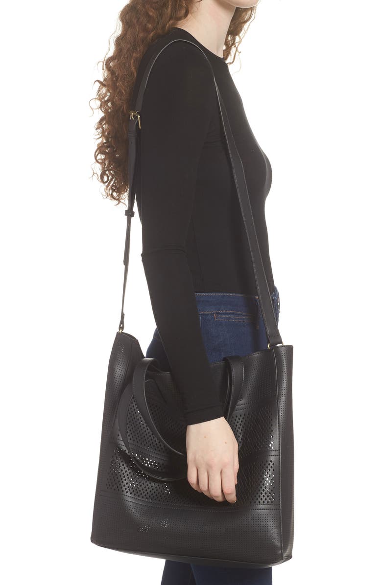 Street Level Laser Cutout Faux Leather Tote, Alternate, color,