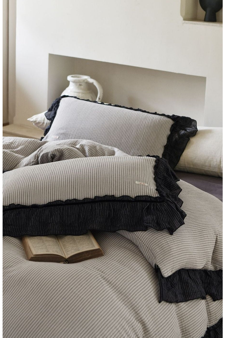 Stripe Ruffle Lace Bedding Set, Alternate, color, Gray Stripe / Ruffle