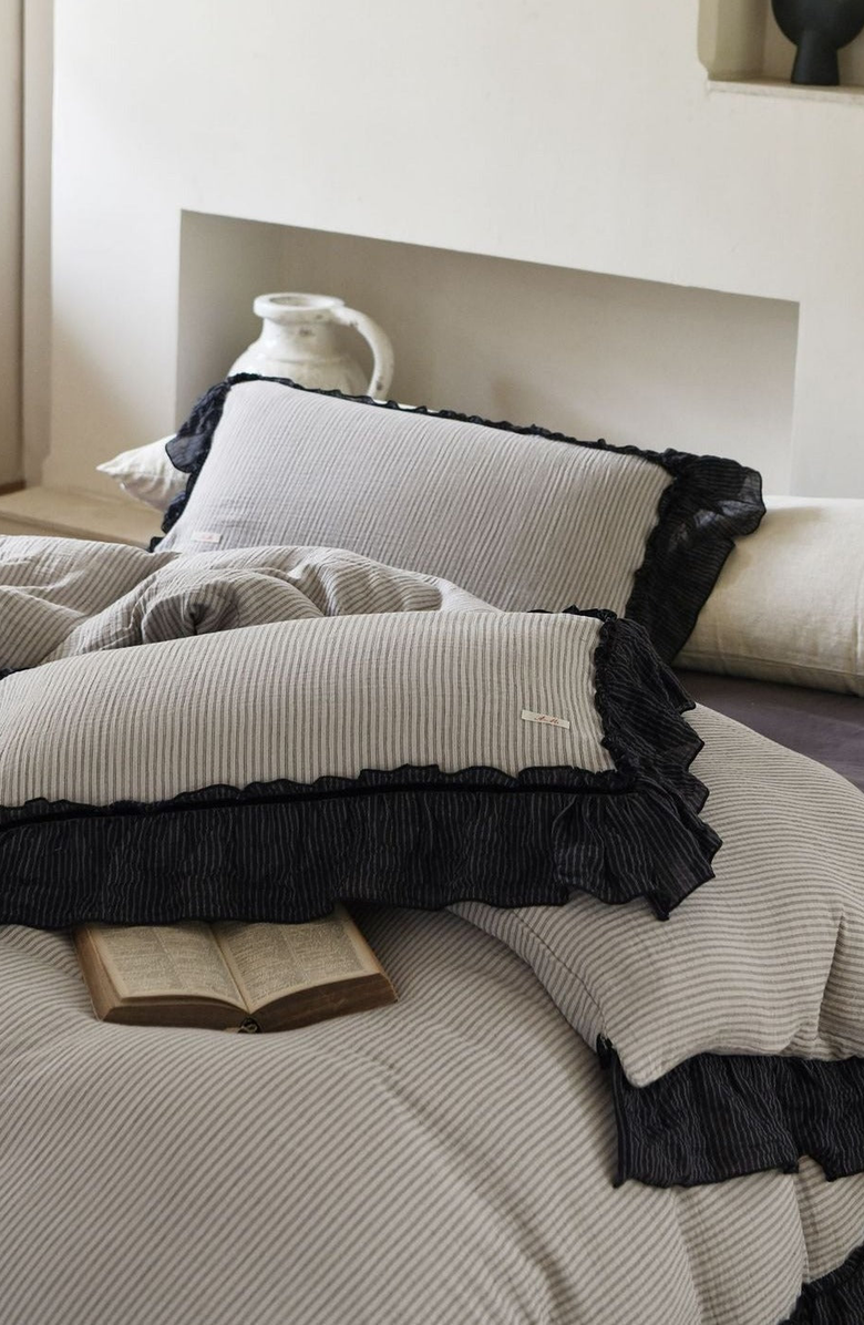 Ever Lasting Stripe Ruffle Lace Bedding Set, Alternate, color, Gray Stripe / Ruffle