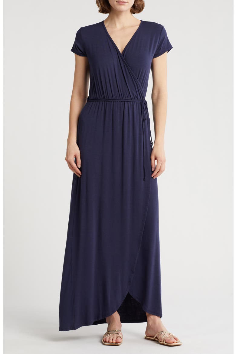 Cap Sleeve Faux Wrap Jersey Maxi Dress, Main, color, MIDNIGHT BLUE