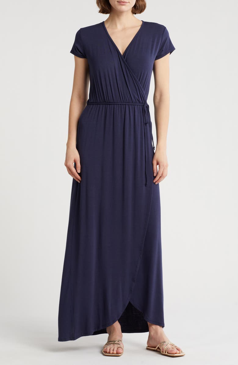 Loveappella Cap Sleeve Faux Wrap Jersey Maxi Dress, Main, color, Midnight Blue