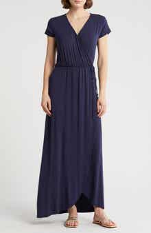 Loveappella Cap Sleeve Faux Wrap Jersey Maxi Dress