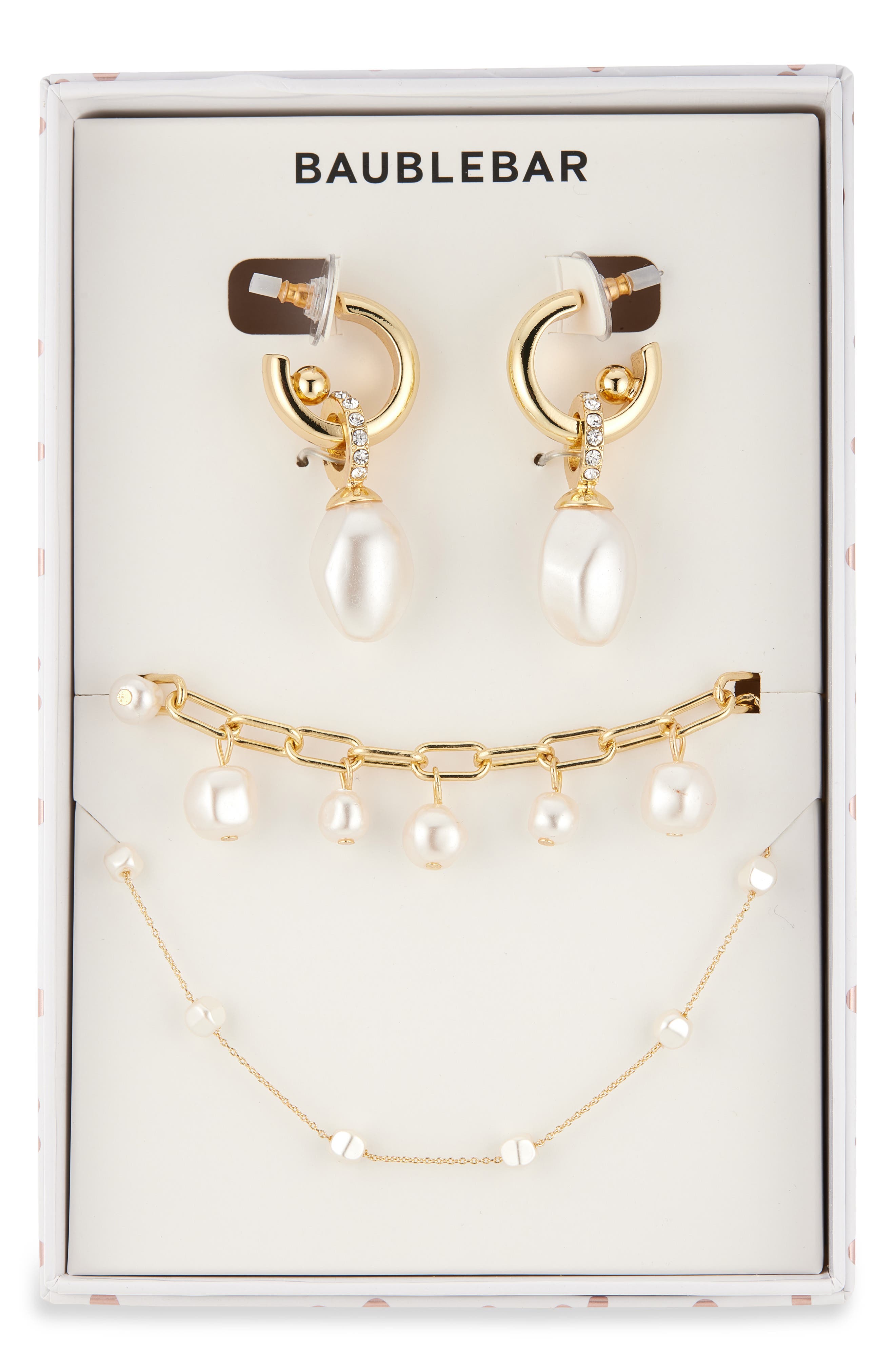 BaubleBar Pearly Whites Drop Huggie Hoop Earrings, Bracelet & Necklace Set