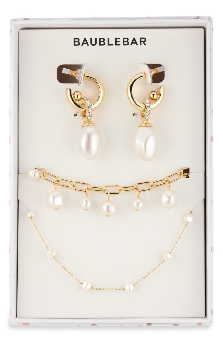 BaubleBar Pearly Whites Drop Huggie Hoop Earrings, Bracelet & Necklace Set, Main, color, Pearl