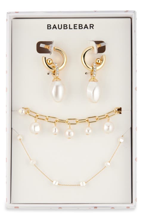 Pearly Whites Drop Huggie Hoop Earrings, Bracelet & Necklace Set