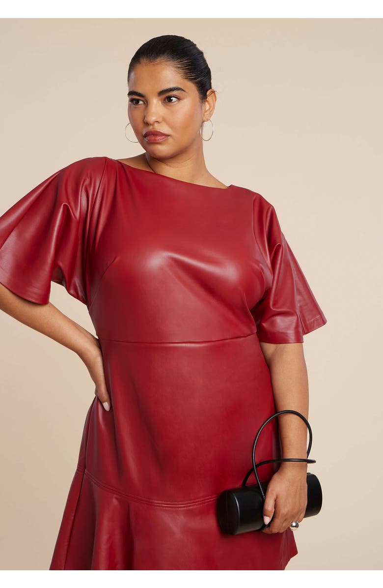 ELOQUII Drapey Faux Leather Mini Dress, Alternate, color, Red Dahlia