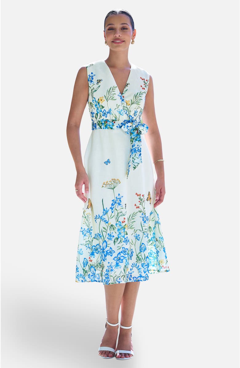 Yumi Butterfly Print Midi Wrap Dress, Main, color, Ivory