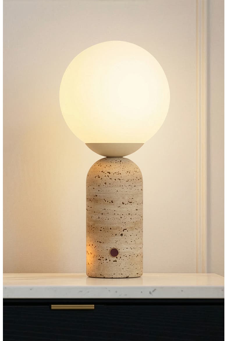 Mila Tall 16" LED Travertine Stone Bedside Table Lamp with Frosted Glass Globe and Built-In 3-Way Dimmer, Alternate, color, Travertine