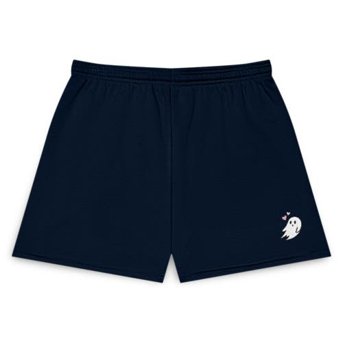 Dalix Womens Heartly Ghost Embroidered Fleece Short Sweats In Navy Blue