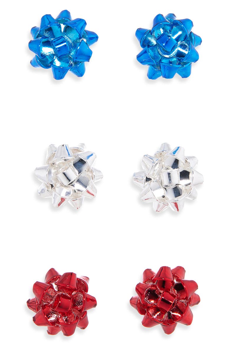 Set of 3 Bow Stud Earrings, Main, color, RED MULTI- SILVER