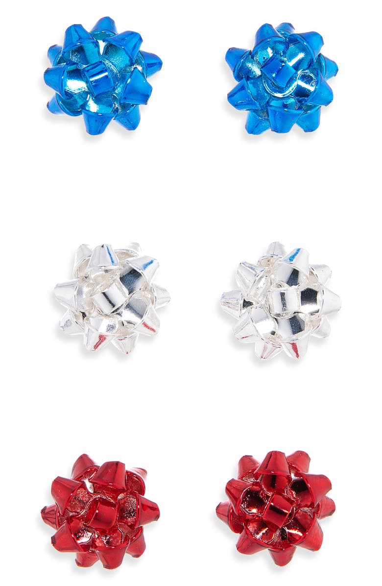 Leith Set of 3 Bow Stud Earrings, Main, color, Red Multi- Silver