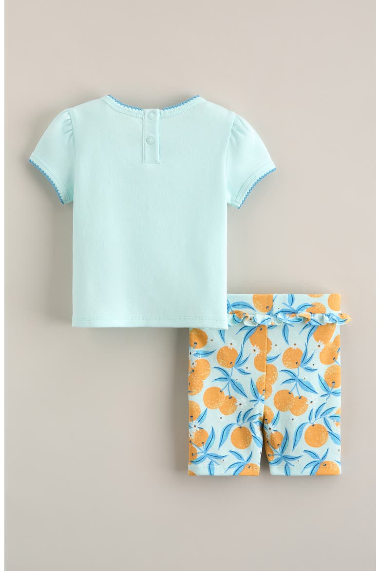 Puff Sleeve Cotton T-Shirt & Ruffle Shorts Set, Alternate, color, TEAL ORANGE- TEAL BLOSSOMS