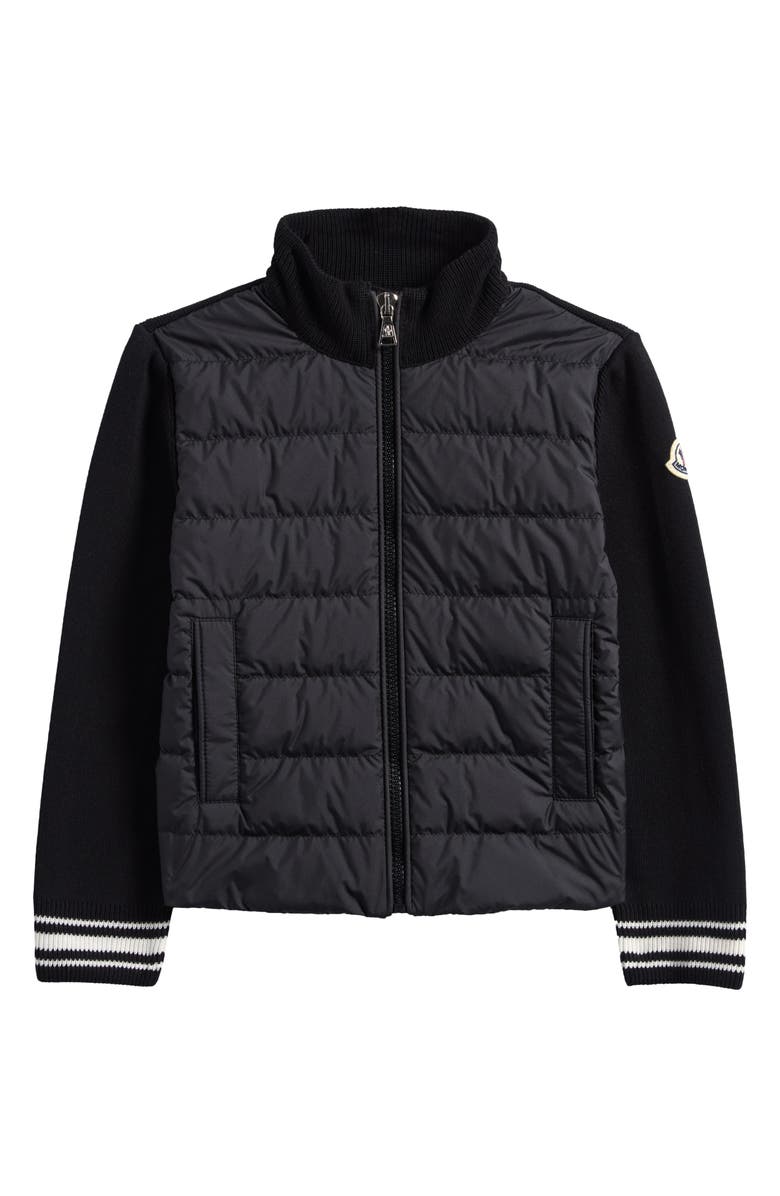 Moncler Kids' Mixed Media Quilted Down Zip Cardigan, Main, color, Black