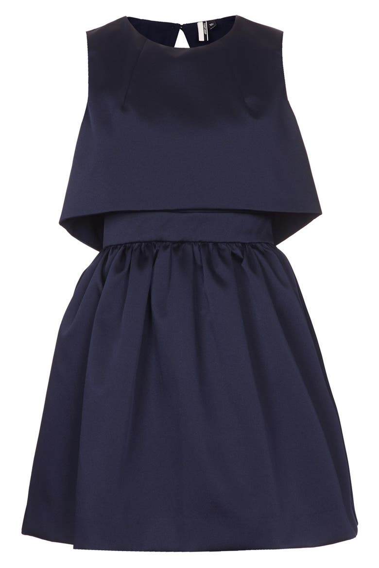 'Duchess' Crop Overlay Satin Skater Dress, Alternate, color, NAVY BLUE