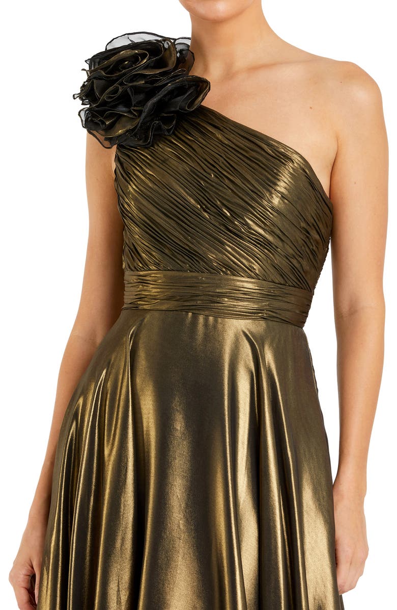 Mac Duggal Rosette One Shoulder Tea Length Dress, Alternate, color, Antique Gold