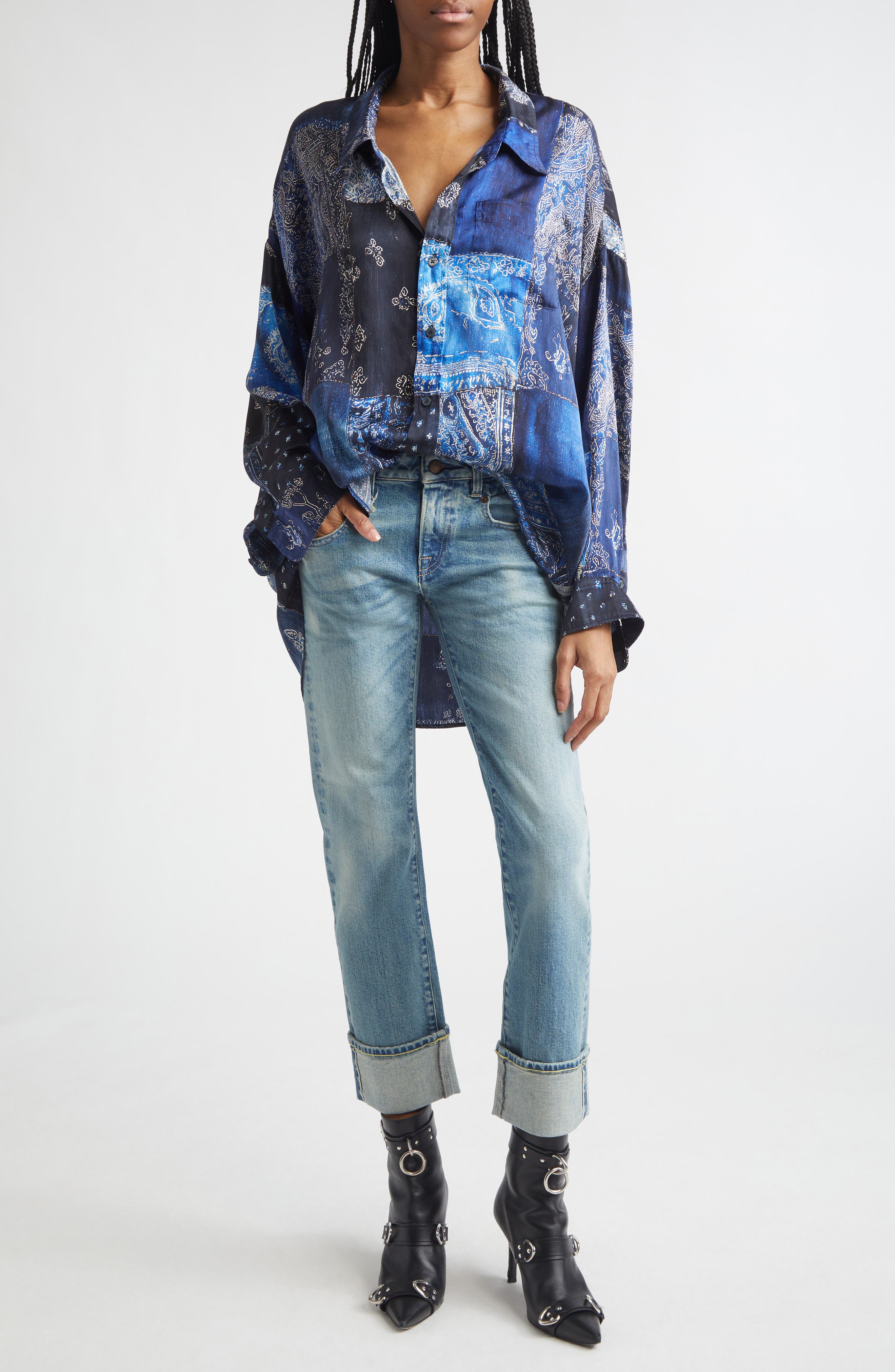 Drop Neck Patchwork Oversize Silk Button-Up Shirt - image 2