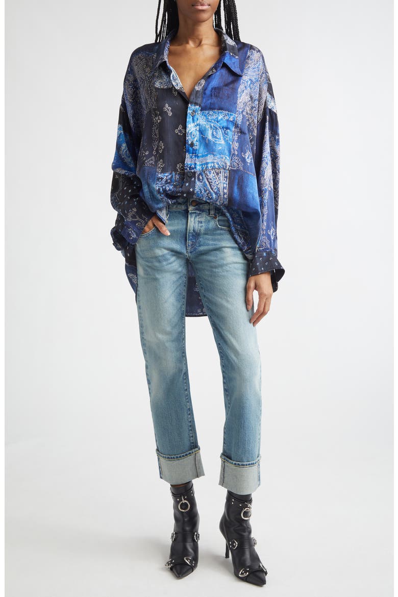 Cuffed Straight Leg Boyfriend Jeans, Alternate, color, LAPIS SELVEDGE BLUE STRETCH