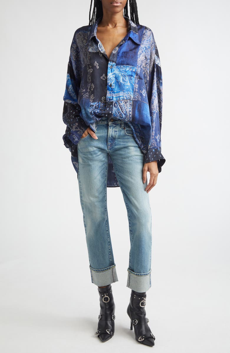 R13 Drop Neck Patchwork Oversize Silk Button-Up Shirt, Alternate, color, Blue Multi Bandana Print