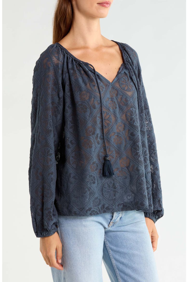 Lace Long Sleeve Cotton Peasant Top, Alternate, color, INDIA INK
